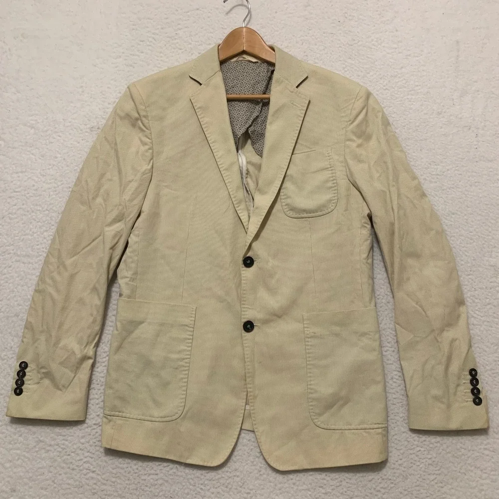 Billy Reid Seersucker Blazer Mens 38R Stripe Unstructured Sport Coat Tan White